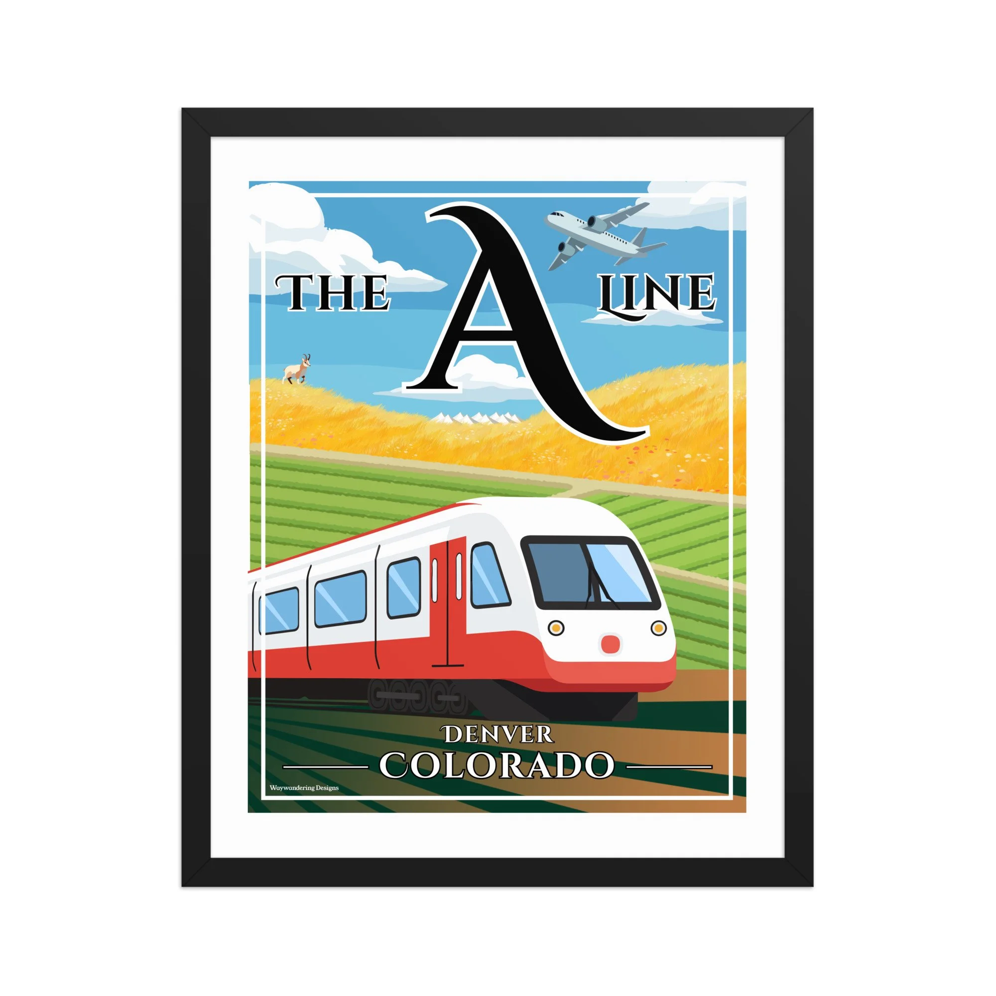 Denver A Line RTD commuter rail art print connecting Union Station to Denver International Airport, passing open fields, farmland, and short-grass prairie.
