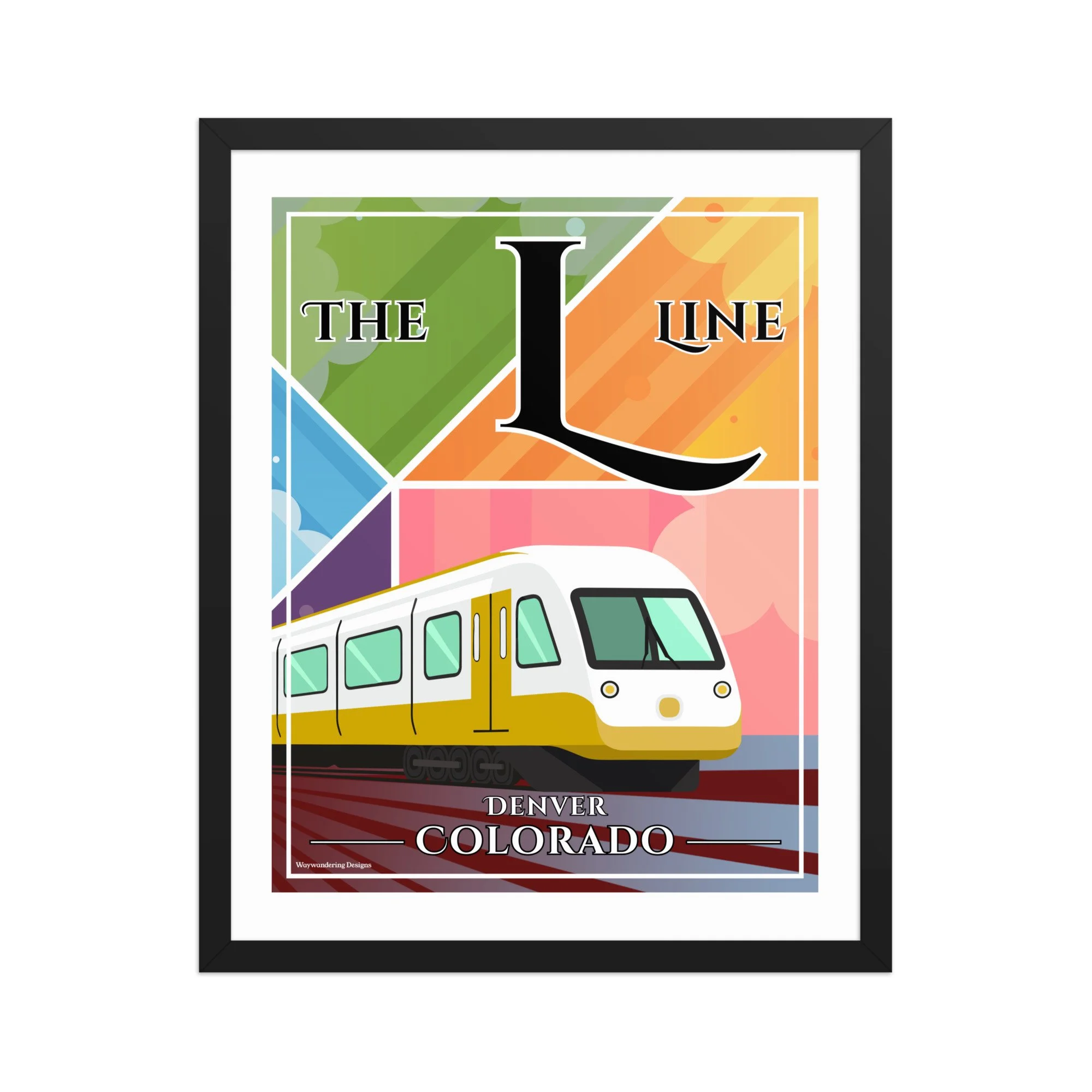 Denver L Line RTD light rail art print showing the route through historic Welton Street, Five Points and central Denver, highlighting the meeting of city grids and complex intersections.