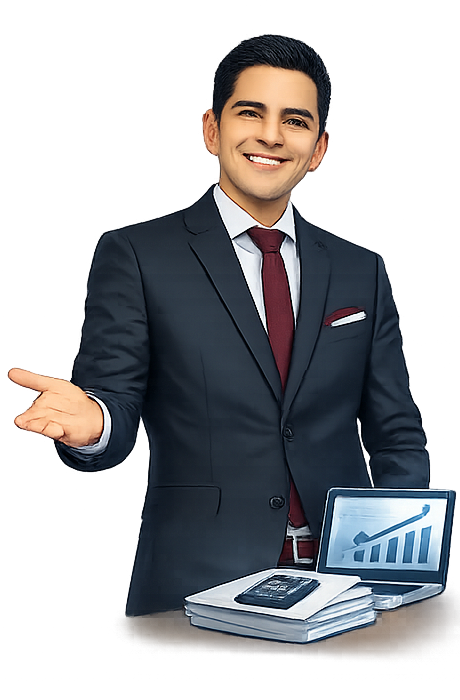 Hombre de negocios sonriendo, vestido con traje y corbata, frente a una laptop con gráfico ascendente en la pantalla, acomodando papeles y un teléfono móvil.