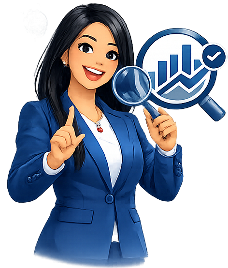 Mujer con traje azul sosteniendo una lupa y un gráfico de aumento con una línea ascendente y un cheque, simbolizando análisis de datos o éxito en negocios.