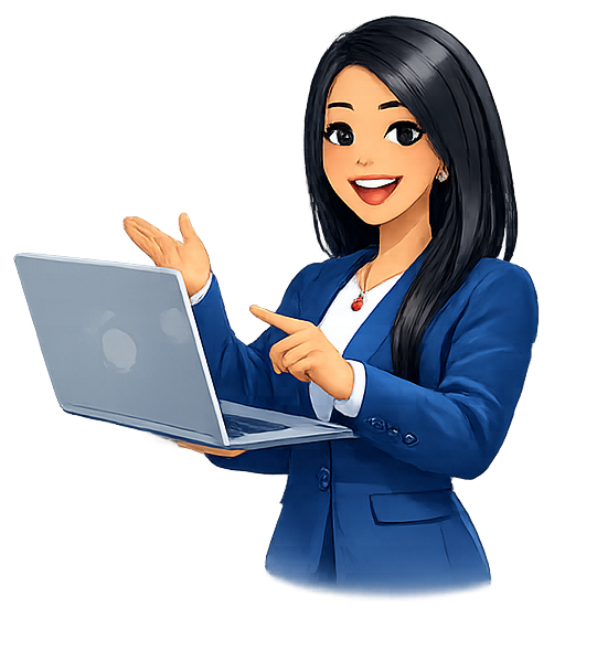 Mujer con cabello largo y oscuro, vestida con traje azul y blusa blanca, señalando una laptop mientras sonríe