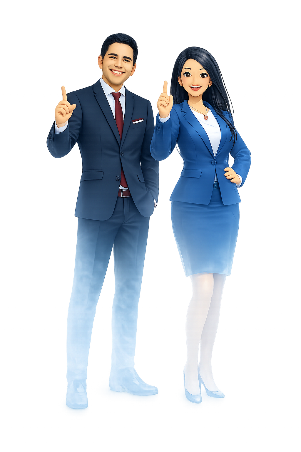 Dos personas vestidas formalmente, un hombre y una mujer, señalando hacia arriba con los dedos índice, en un fondo oscuro con luces. La mujer lleva un traje azul y la mujer un traje azul oscuro.