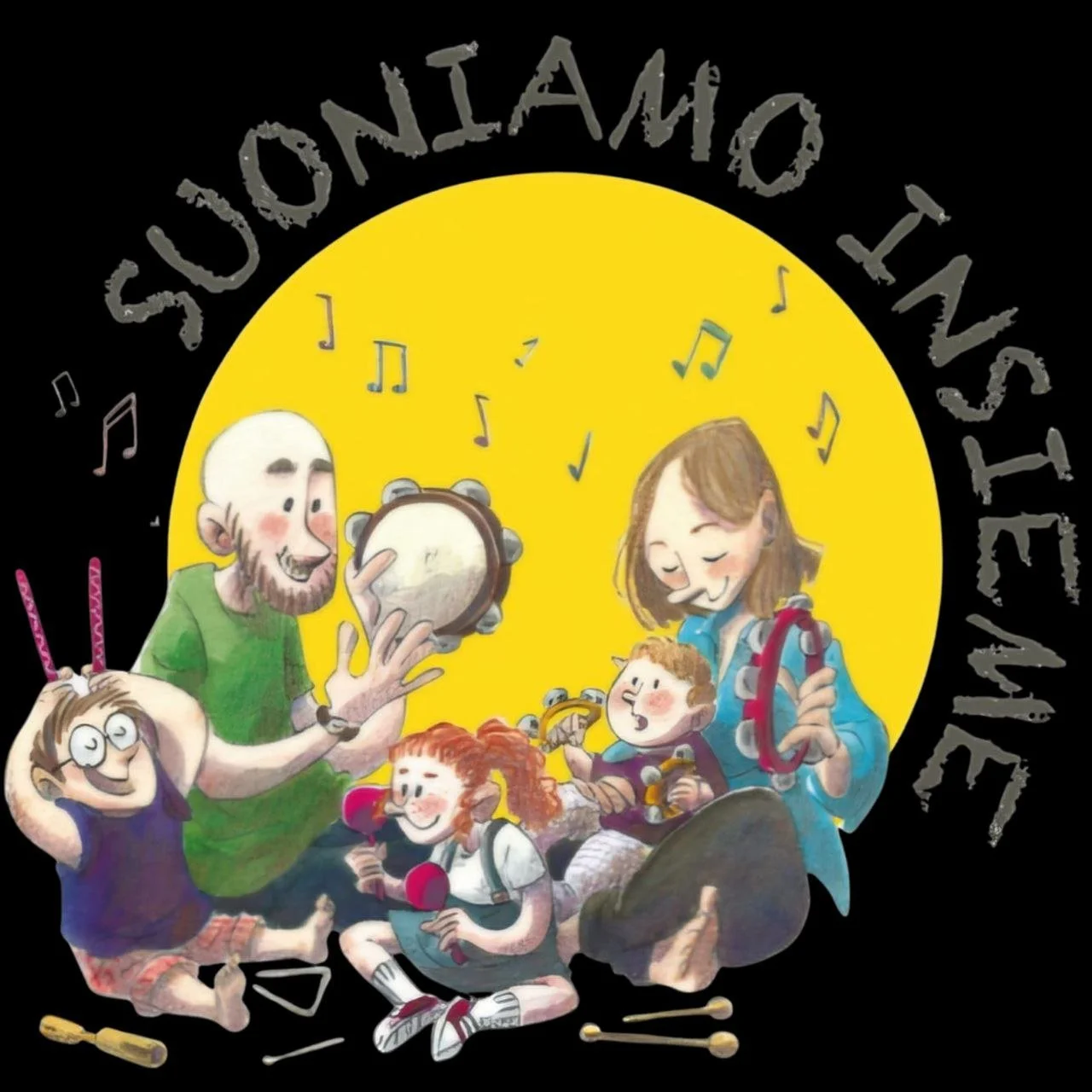 Illustrazione di una famiglia che suona e canta insieme, con strumenti musicali e note musicali che fluttuano intorno a loro, in un ambiente allegro e colorato.