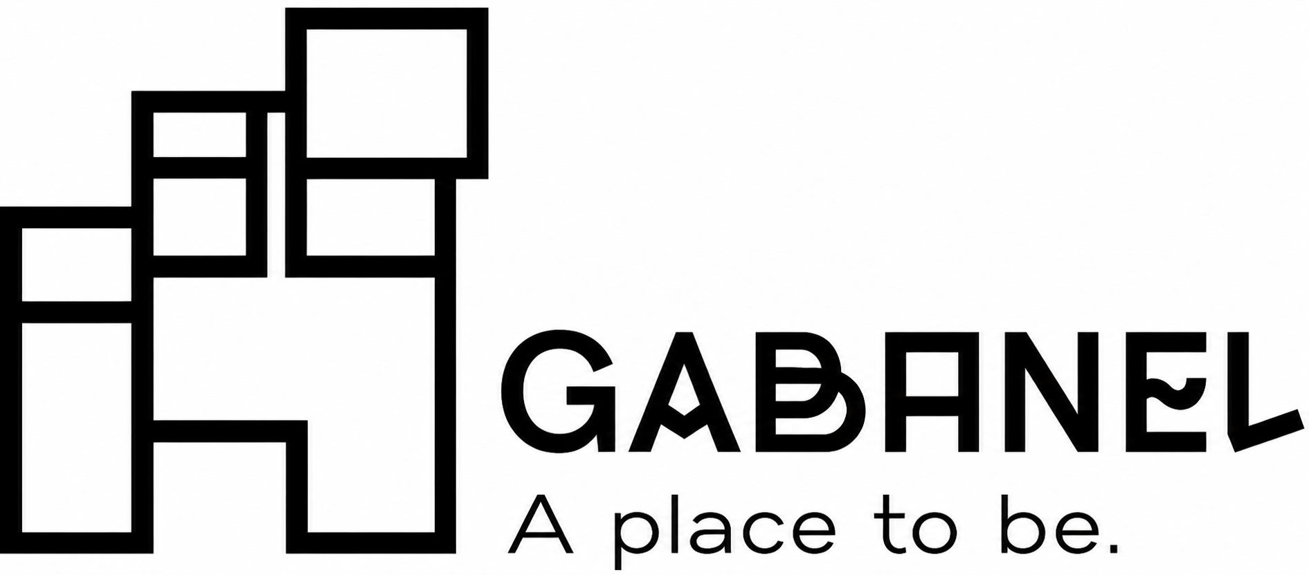 Logo con sagome di scatole e testo 'GABHEL A place to be.'
