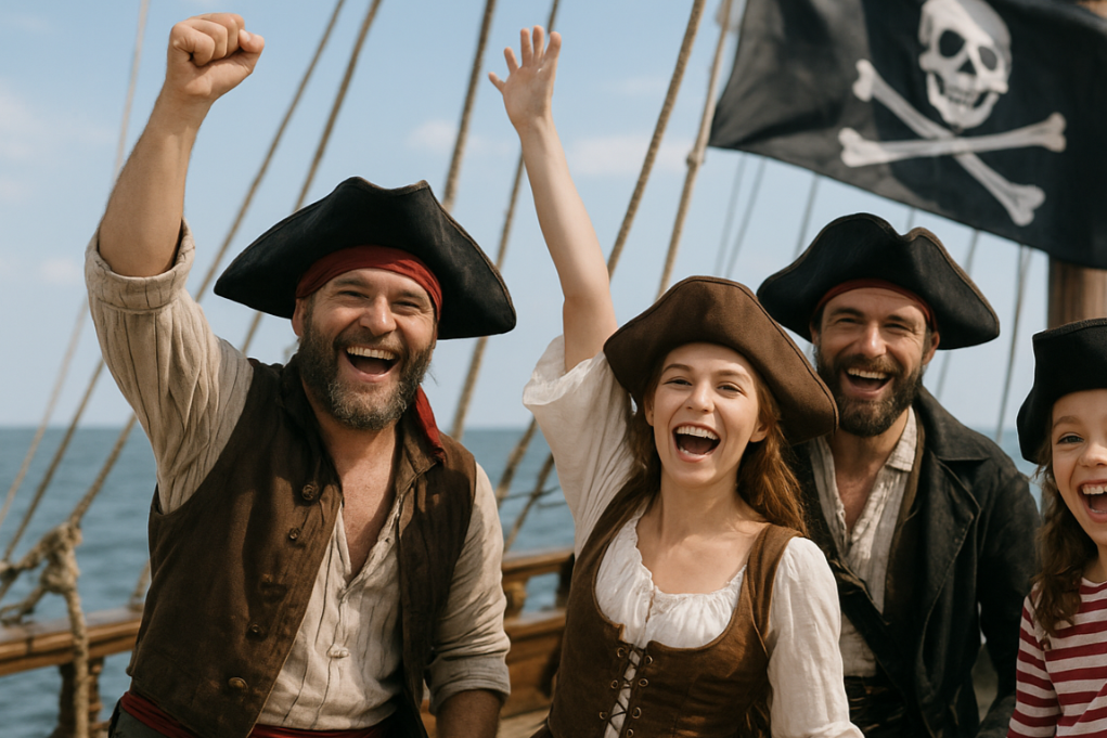 Gruppo di persone vestite da pirati che celebrano su una nave con bandiera con teschio e ossa