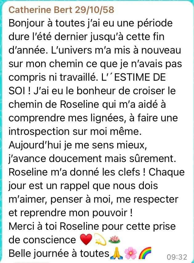 A screenshot of a motivational message written in French, sharing a personal journey of self-discovery and gratitude, with emojis at the end.