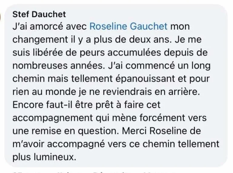 Screenshot of a French text message expressing gratitude to Roseline Gauchet for support and guidance on a life-changing journey.