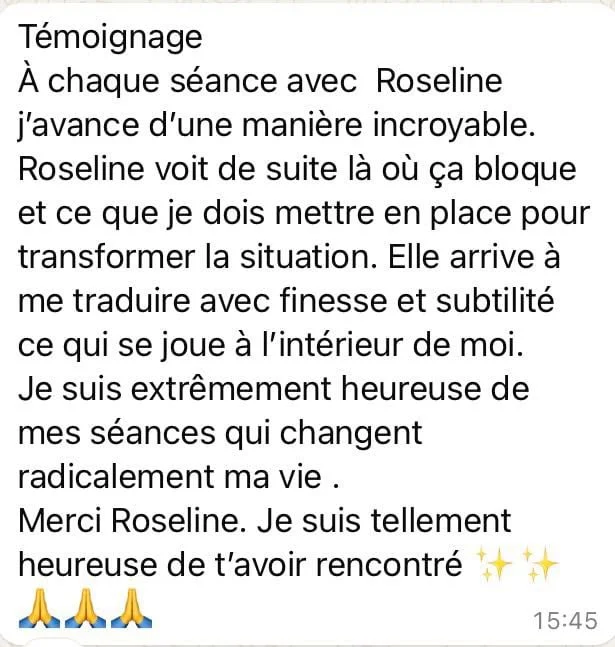 Image of a heartfelt message or testimonial written in French discussing a positive experience with Roseline.
