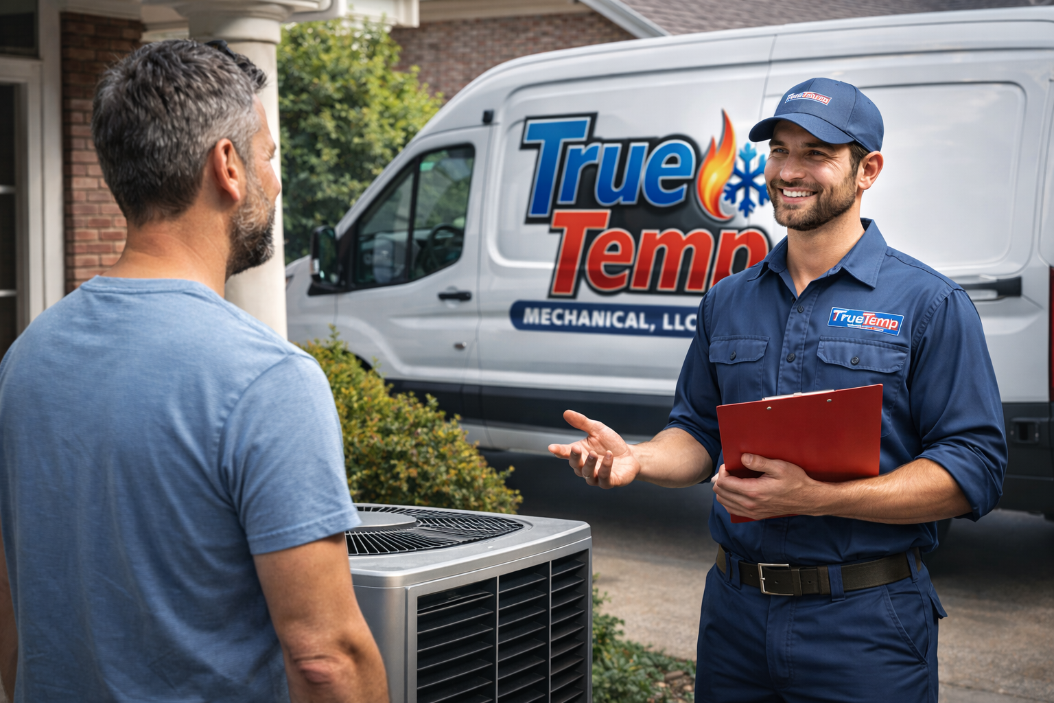 A HVAC technician talking to a customer outside a house with a damper. The technician is smiling and holding a red clipboard, wearing a blue uniform and cap with 'TrueTemp' branding. A service van with 'TrueTemp Mechanical, LLC' logo is parked in the background.