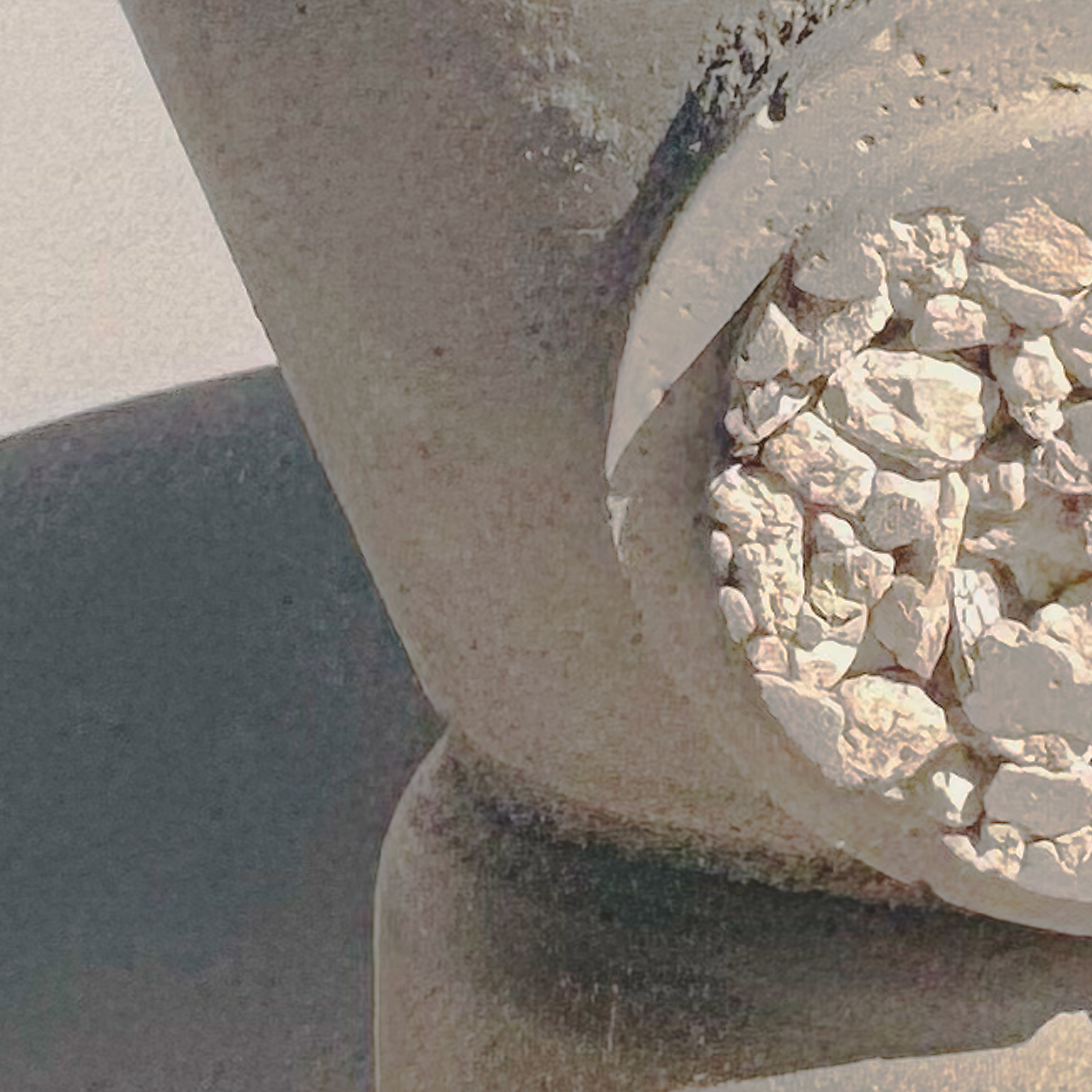 Close-up image of a pyramid-shaped structure at an outdoor garden, with white flowers and green foliage on one side, clear sky, sunny weather, and trees in the background.