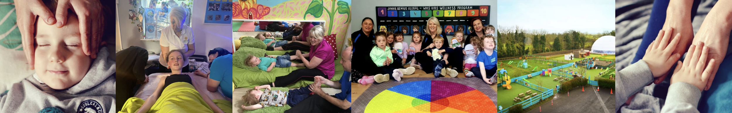A collage of seven images showing children and adults in various activities: a child receiving a head massage, children in a massage therapy session, children and adults in a therapy or relaxation session, a group of children and adults sitting on the floor with a teacher, a playground or sports field, and two children holding hands.