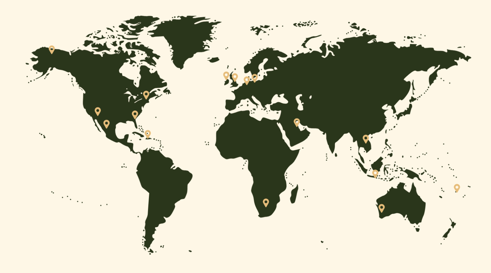 World map with green continents and beige oceans, featuring multiple location pins in North America, Europe, Africa, Asia, Australia, and South America.