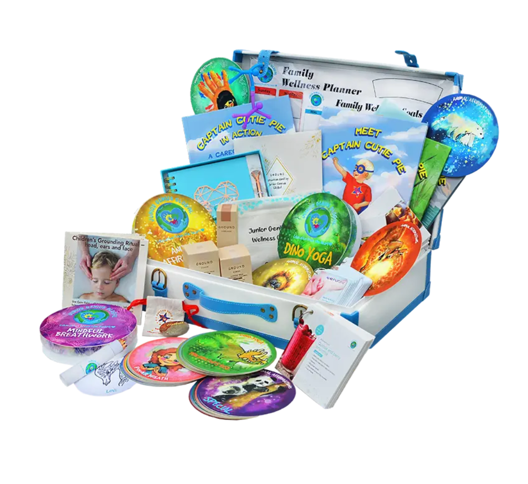 Collection of children's educational and wellness products including activity books, flashcards, a wellness planner, mindfulness tools, and various toys and games.