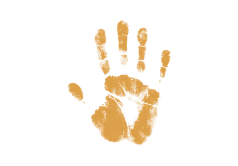 A handprint in gold color on a black background.