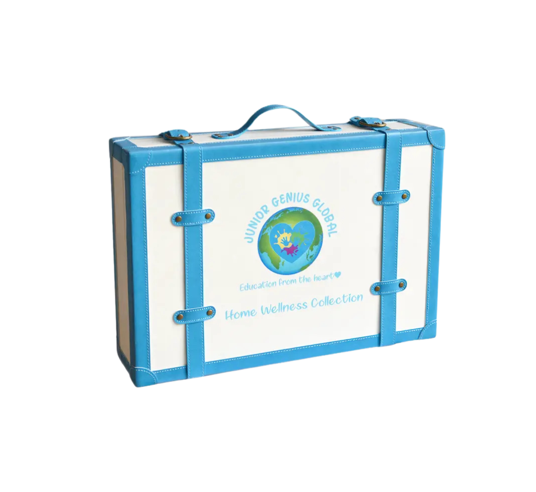 A white and blue case with a handle, featuring a logo with a globe, children, and the text 'Junior Genius Global,' 'Education from the heart,' and 'Home Wellness Collection'.