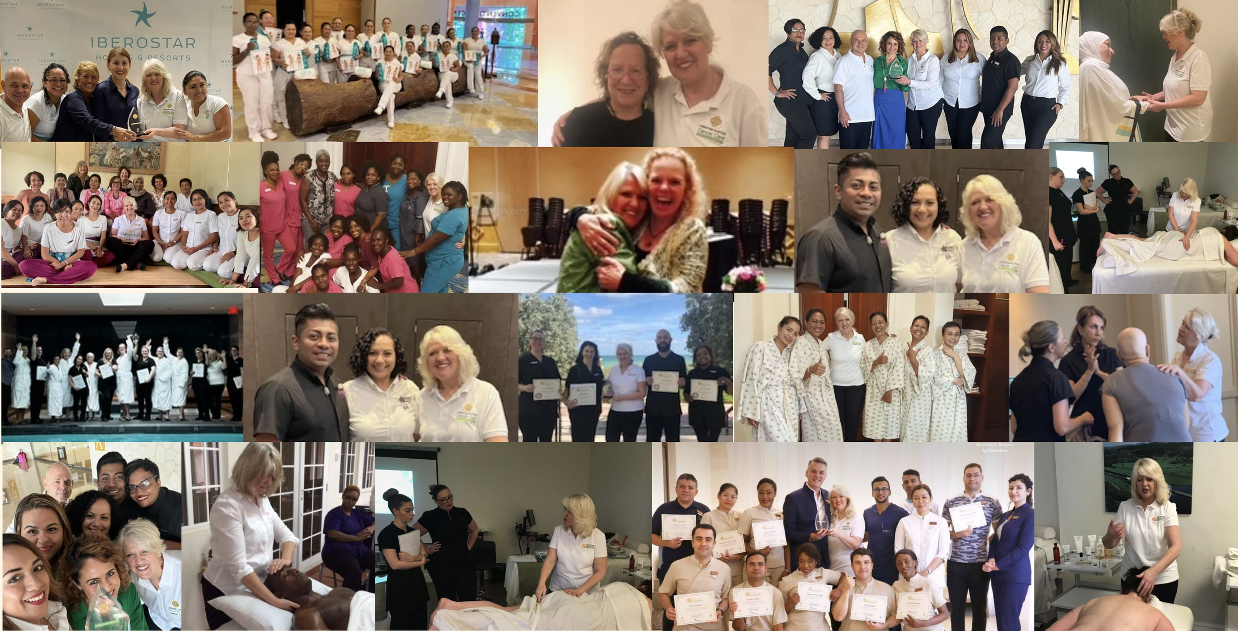 Collage of healthcare and wellness professionals at conferences, training sessions, awards, and group photos, showcasing teamwork and achievements in medical and holistic care.