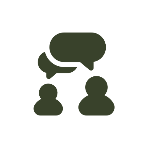 Two simplified human figures with speech bubbles between them indicating conversation or communication.