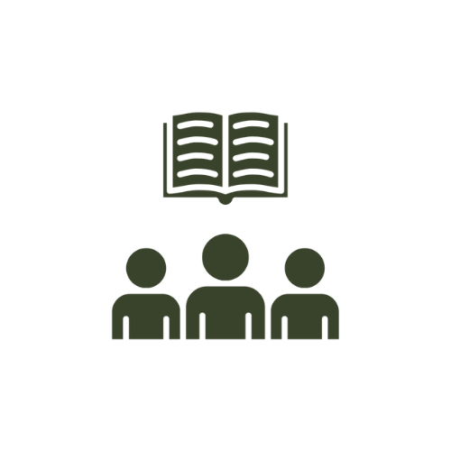 Icon of an open book and three people figures underneath, representing learning or education.