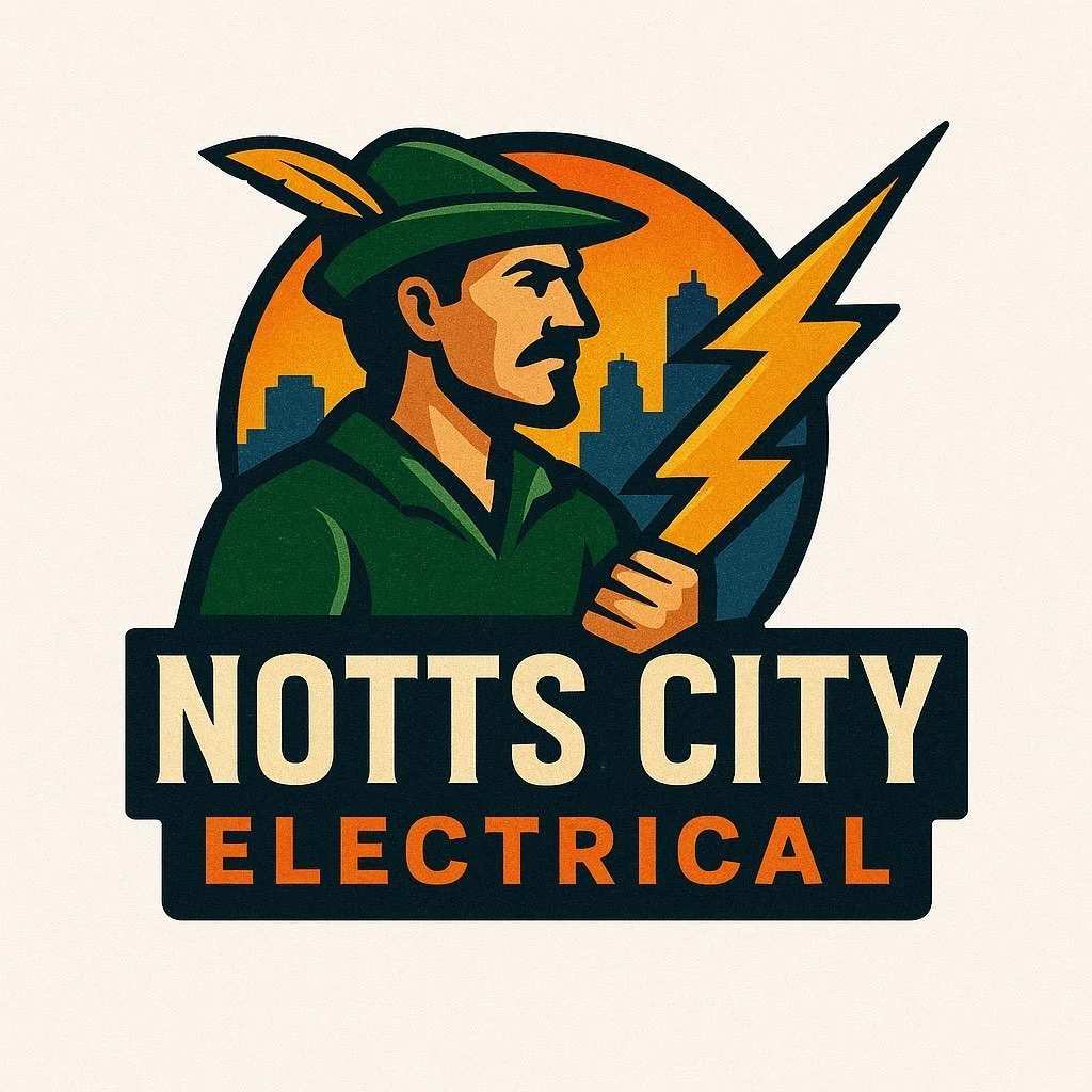 A graphic logo with a vintage soldier wearing a green hat and uniform, holding a yellow lightning bolt, with a cityscape and orange sun in the background. Text reads 'NOTTS CITY' and 'ELECTRICAL'.
