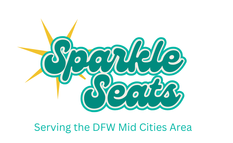 Sparkle Seats logo with a yellow starburst behind the teal and white text, and a tagline 'Serving the DFW Mid Cities Area' underneath.