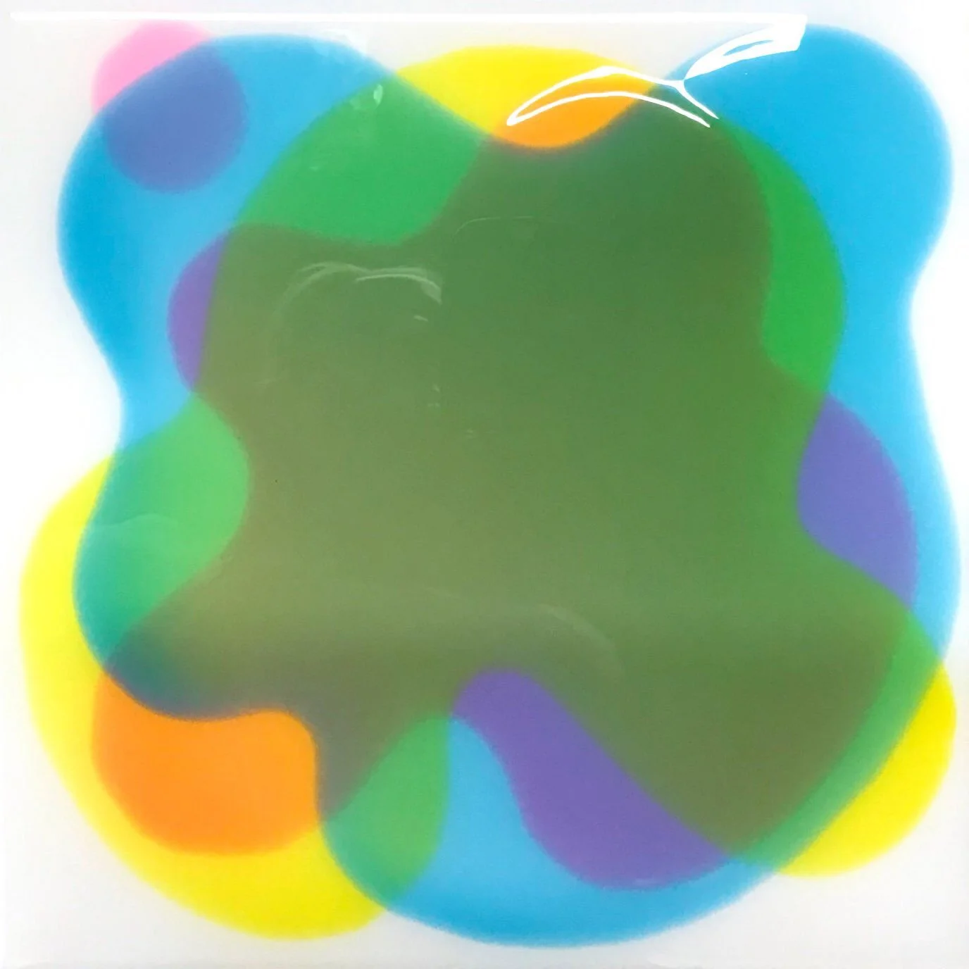 Colorful abstract digital artwork with overlapping shapes in green, blue, purple, yellow, orange, and pink.