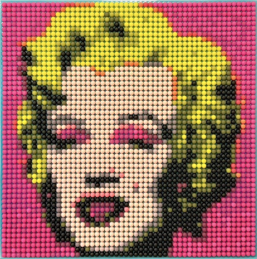 Pixel art portrait of a woman with yellow hair and pink background.