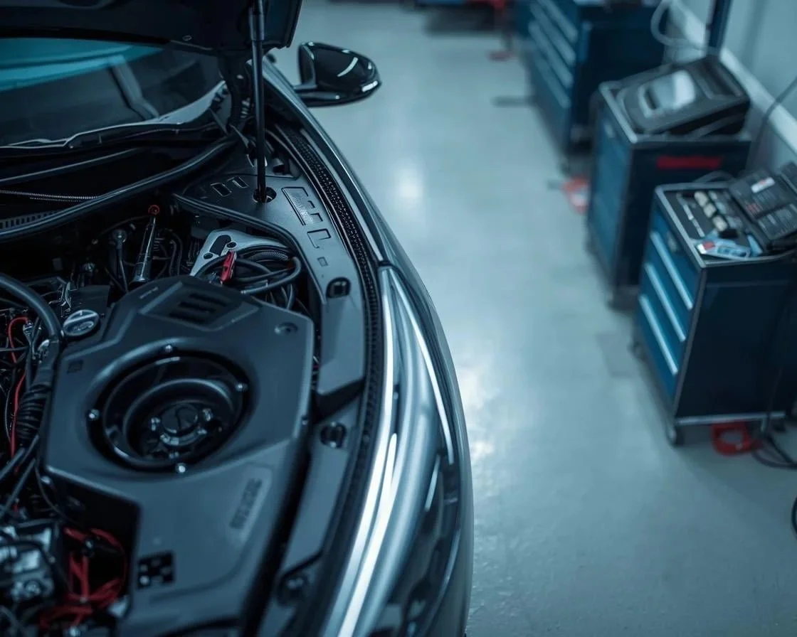 A close-up of a car engine in a garage, with tool storage cabinets seen in the background.