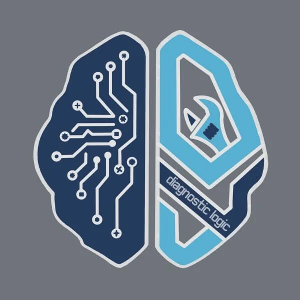 Icon of a brain split into two halves. The left half shows a circuit board pattern, and the right half features a magnifying glass with a gear inside, labeled "diagnostic logic."