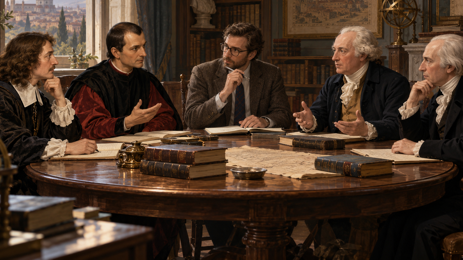 Illustrated scholarly roundtable with five historical figures seated around a table in a book-lined study, discussing constitutional ideas about rotation, continuity, and time out of office.