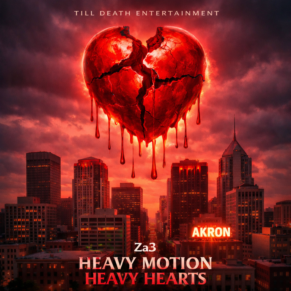 A red, cracked, heart-shaped object with dripping blood floating above a city skyline at sunset, with dark stormy clouds in the background. The text reads 'Till Death Entertainment,' 'Za3,' and 'Heavy Motion Heavy Hearts,' with the word 'Akron' highlighted.