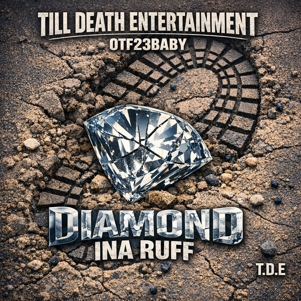 Album cover for 'Till Death Entertainment' by Ina Ruff featuring a large, cut diamond on a cracked dirt surface. The title and artist's name are displayed prominently, with the word 'Diamond' in icy, gemstone-like lettering. There is a circular pattern etched into the ground around the diamond.
