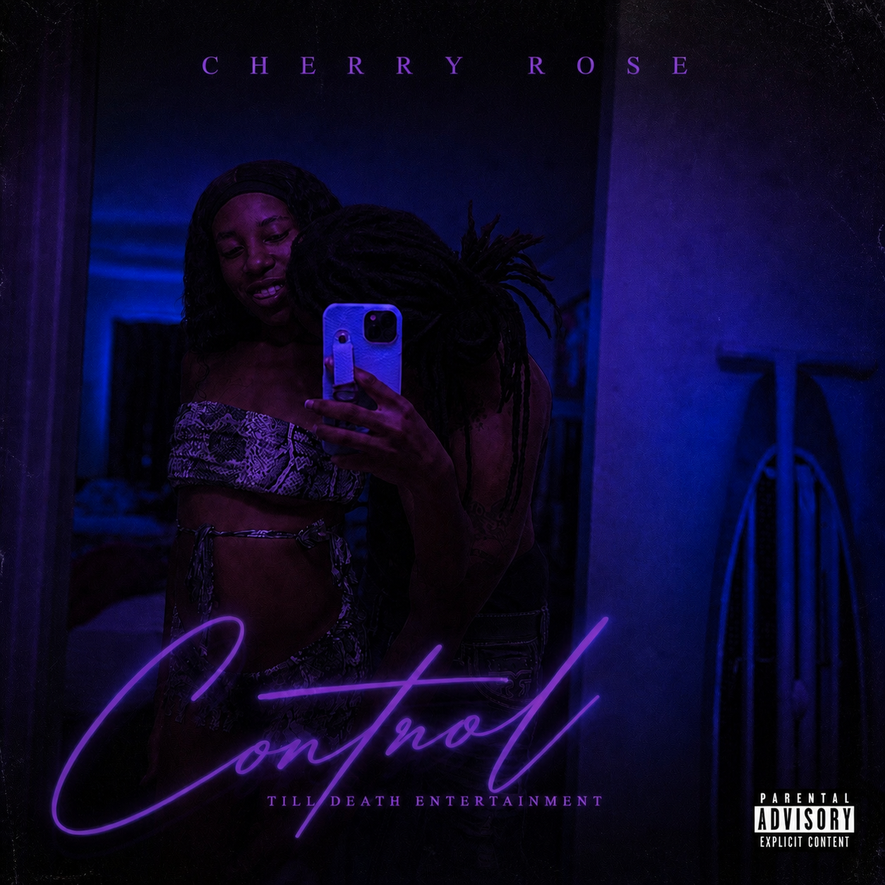 A woman with dreadlocks taking a selfie in a mirror, illuminated by purple and blue neon lighting. The image contains text that reads 'Cherry Rose' at the top, 'Contout' in cursive at the bottom, and 'Till Death Entertainment' underneath. A parental advisory label is in the lower right corner.