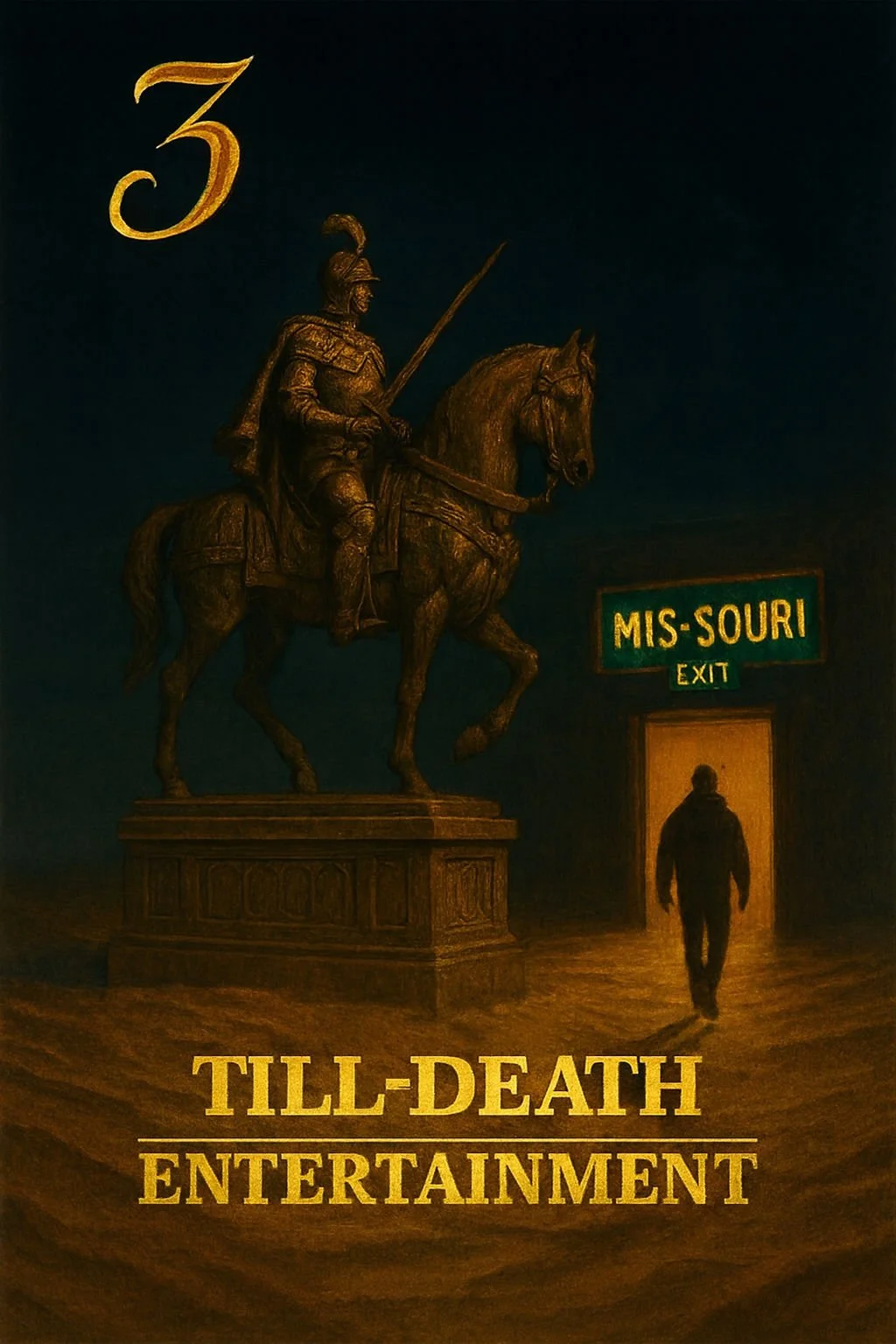 A bronze statue of a historical armored soldier on horseback, located indoors with a dark background. To the right, a man is walking towards an exit door with a lit sign that reads 'MIS-SOURI EXIT.' The bottom of the image has a caption that says 'TILL-DEATH ENTERTAINMENT' in large yellow letters.