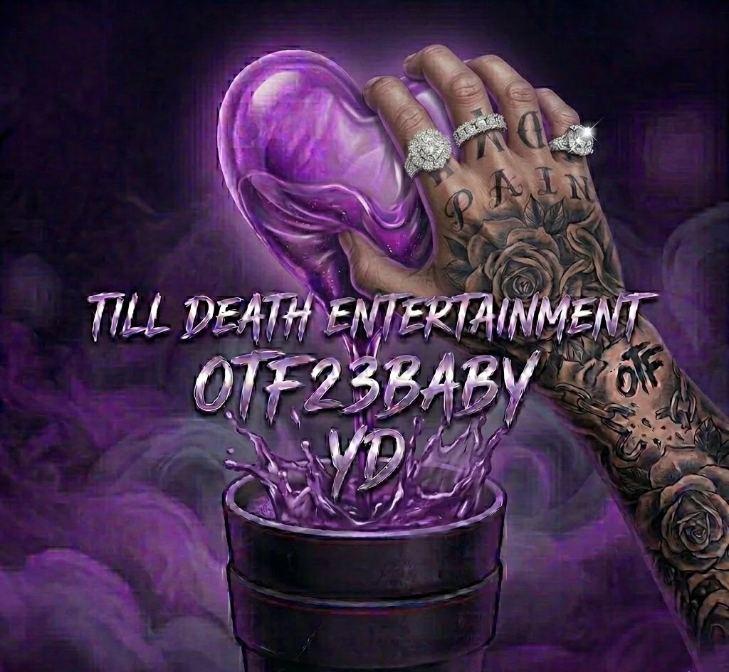 A tattooed hand with rings holding a purple heart-shaped crystal over a dark cup with purple smoke and effects, with text overlay reading "TILL DEATH ENTERTAINMENT OTF23BABY VD" in stylized purple font.