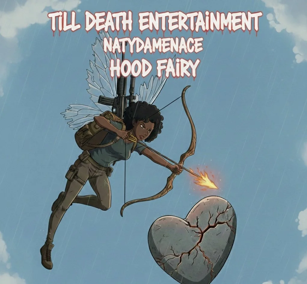 Illustration of a woman with fairy wings, dressed as a warrior, aiming a flaming arrow at a cracked, broken heart-shaped object in the rain, with a stormy sky background. Text reads: 'Till Death Entertainment, NatyDamenace, Hood Fairy'.