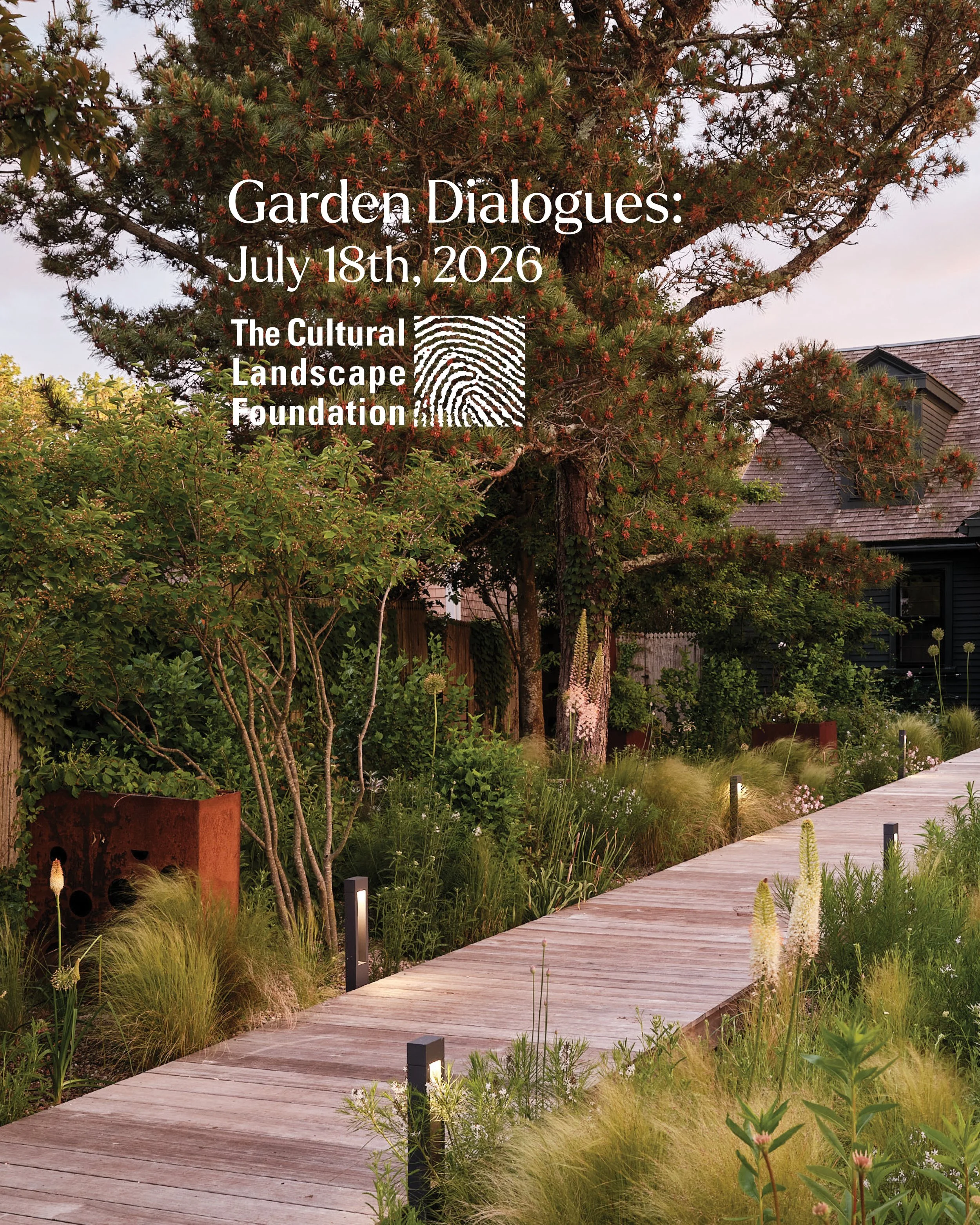 A garden scene with a wooden pathway, lush green plants, trees with red berries, and soft evening lighting.