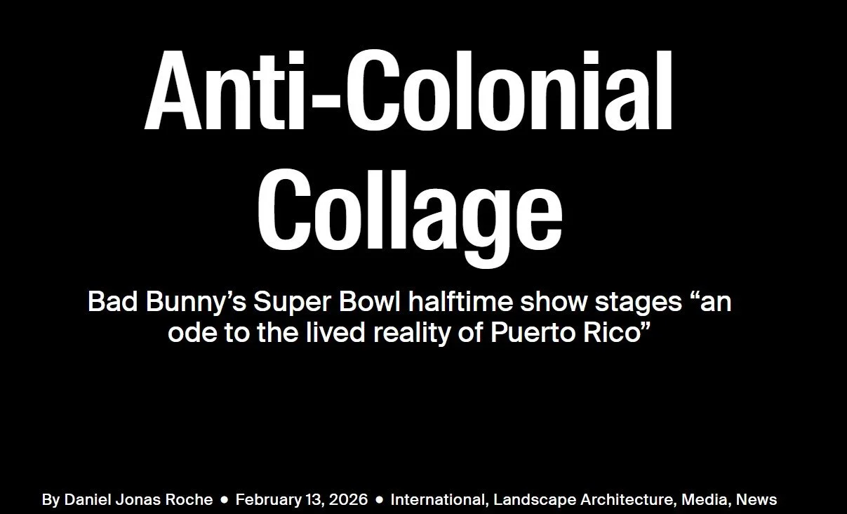 Title slide for 'Anti-Colonial Collage,' a presentation about a halftime show staged as an ode to Puerto Rico, featuring the date February 13, 2026, and credits to Daniel Jonas Roche in a news and media context.