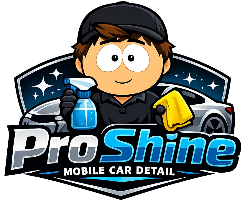 Logo for ProShine Mobile Car Detail featuring a cartoon character holding a spray bottle and a yellow cloth, with a sleek car in the background and stars indicating shine.