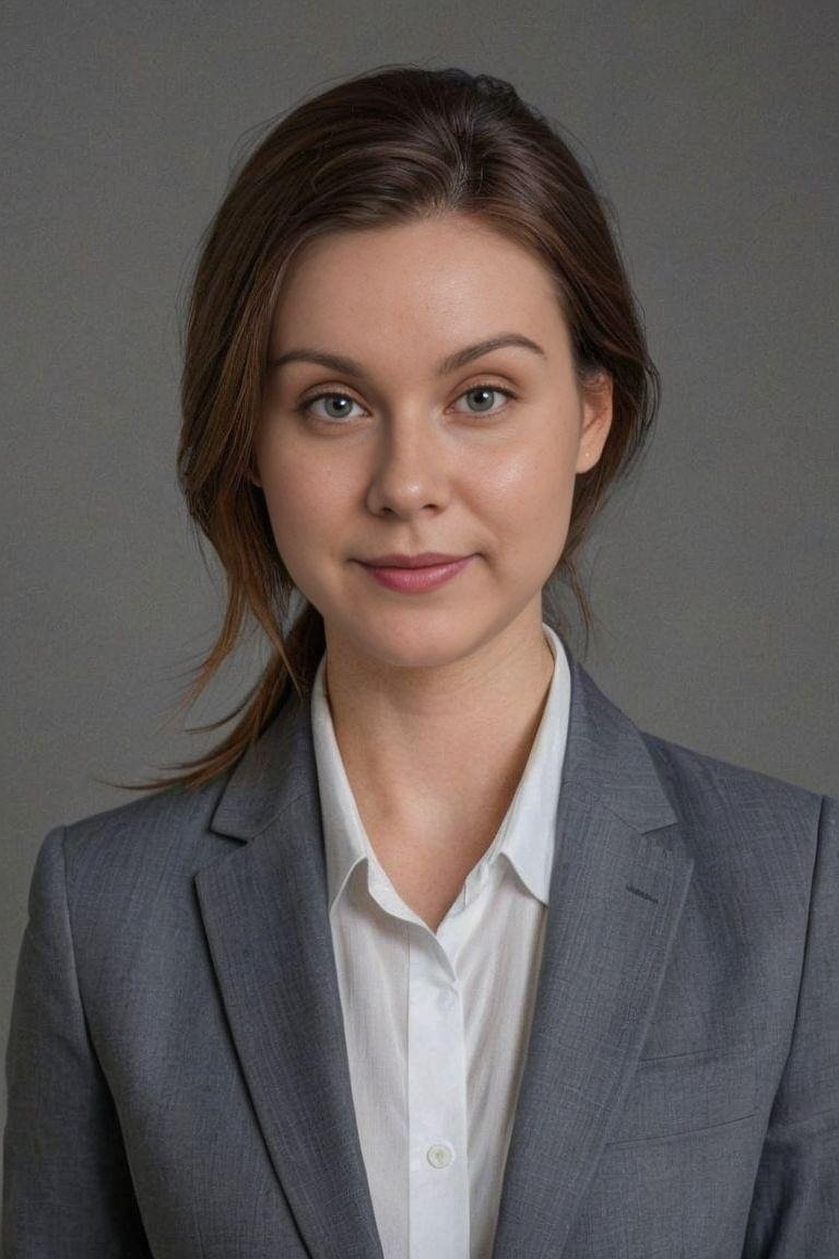 A professional woman with brown hair, blue eyes, and fair skin wearing a gray blazer and white shirt, against a plain gray background.