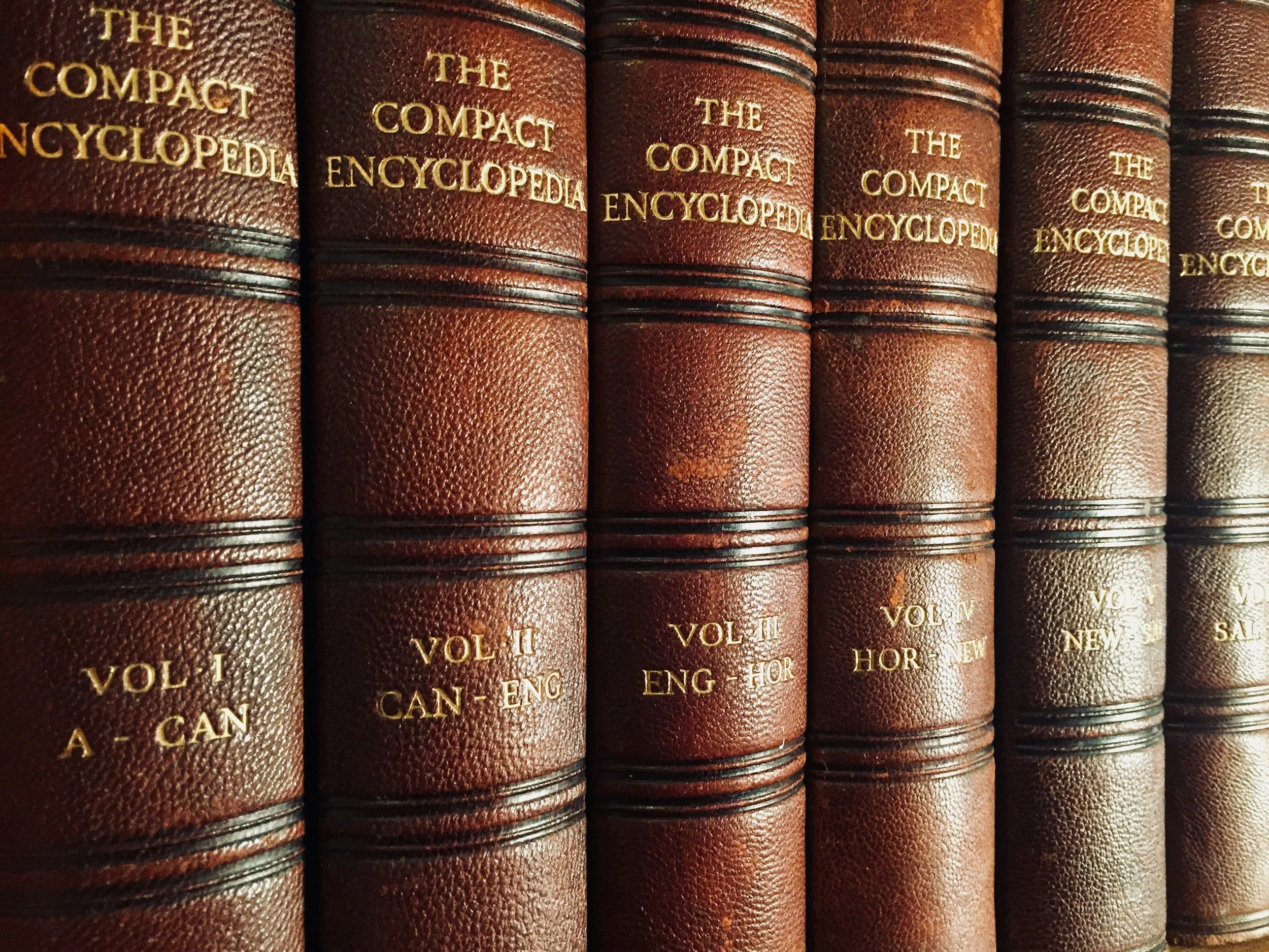 Close-up of six leather-bound volumes of an encyclopedia, labeled 'The Compact Encyclopedia', with gold lettering on the spines indicating volumes and topics, including 'A-CAN', 'CAN-ENG', 'ENG-HOR', 'HOR-NEW', 'NEW', and others.