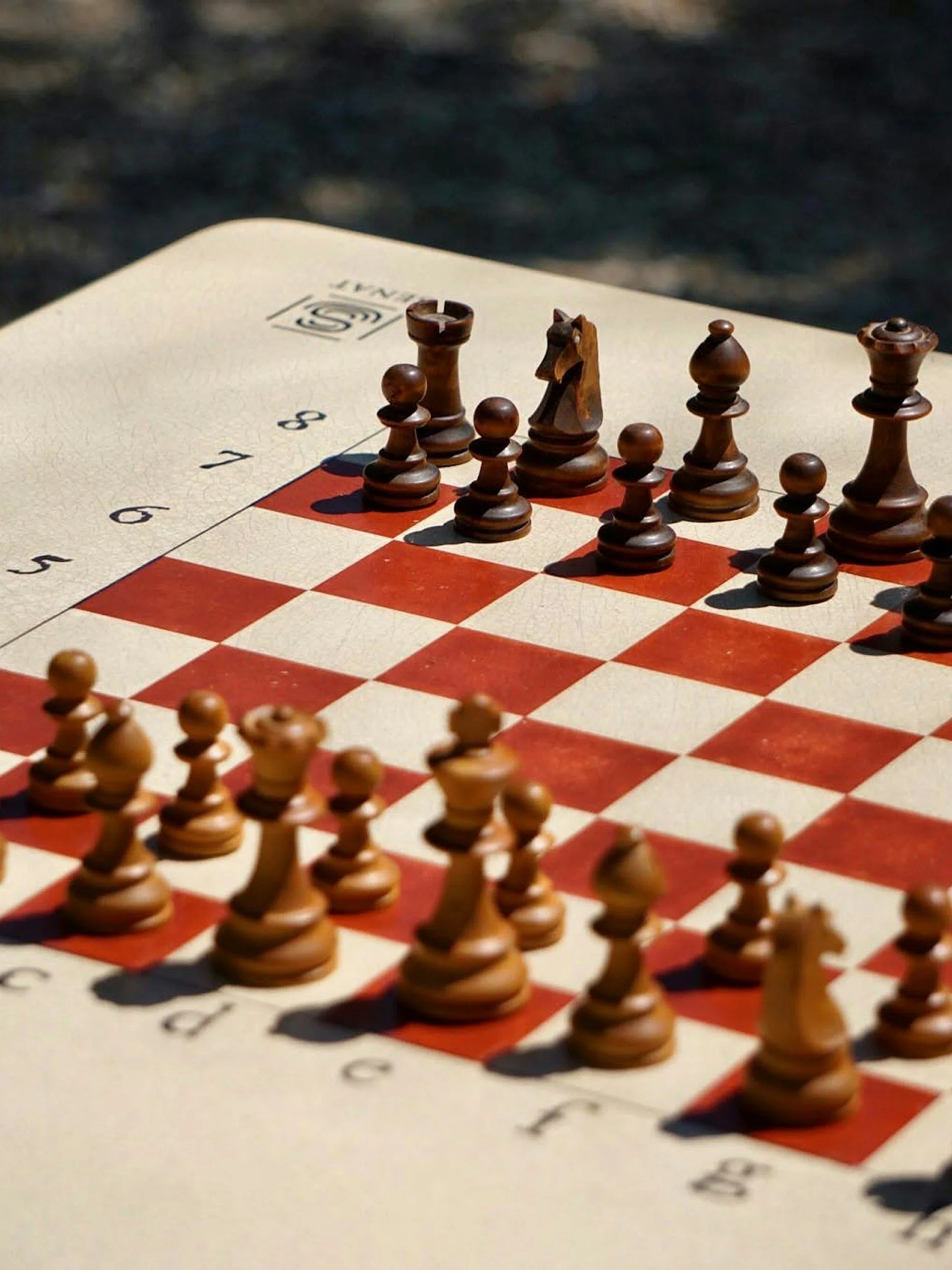 Close-up of a chessboard with wooden chess pieces set up for a game, outdoors with blurred background.