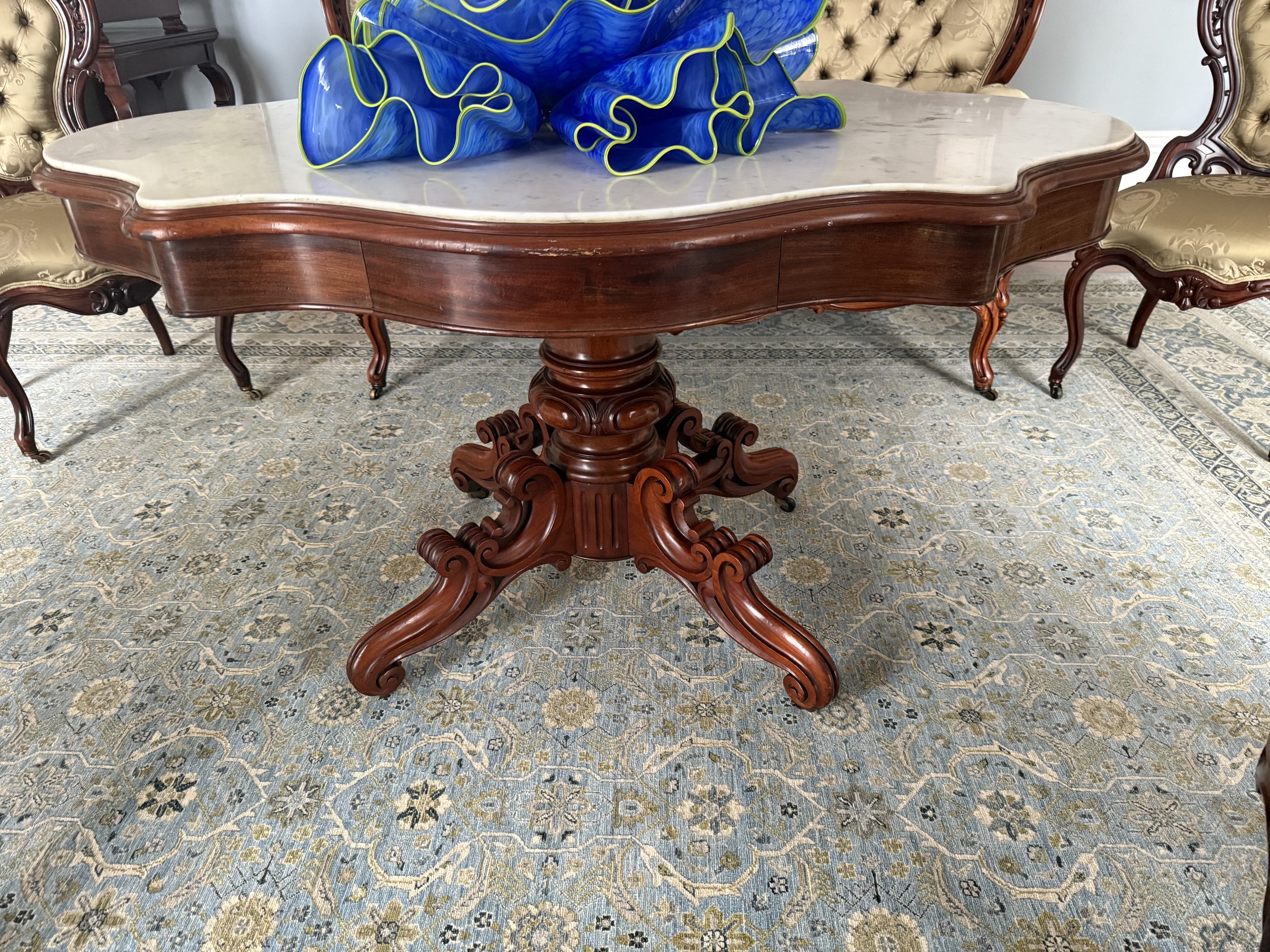 Carved mahogany white tortoise marble top center table 19th c. 2 drawers