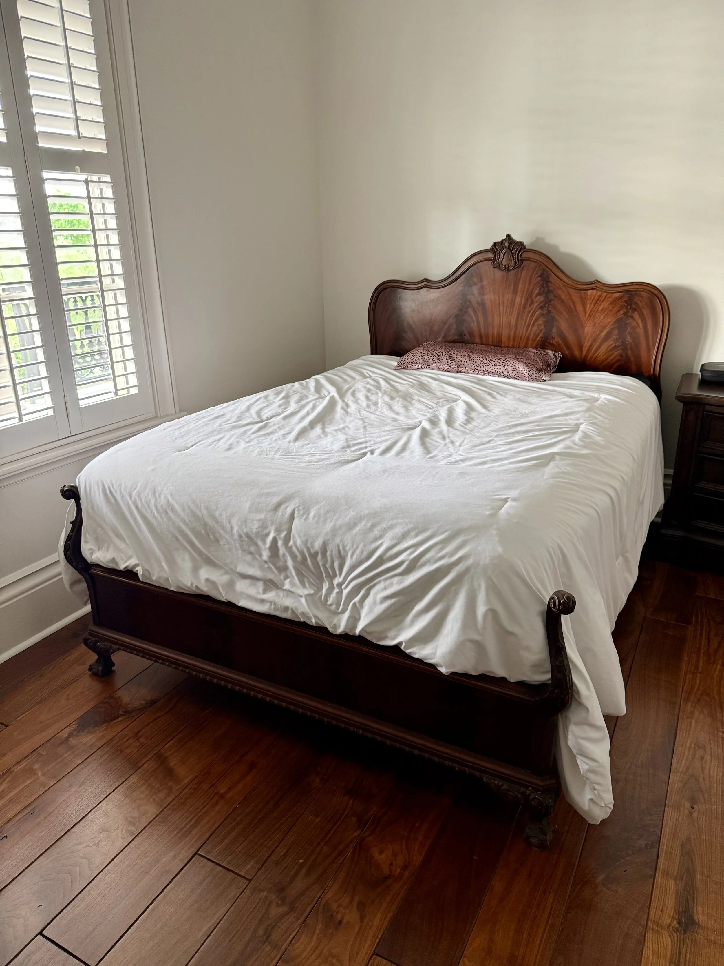 Antique Mahogany Sleigh Full Size Bed Frame with Carved Headboard and Footboard