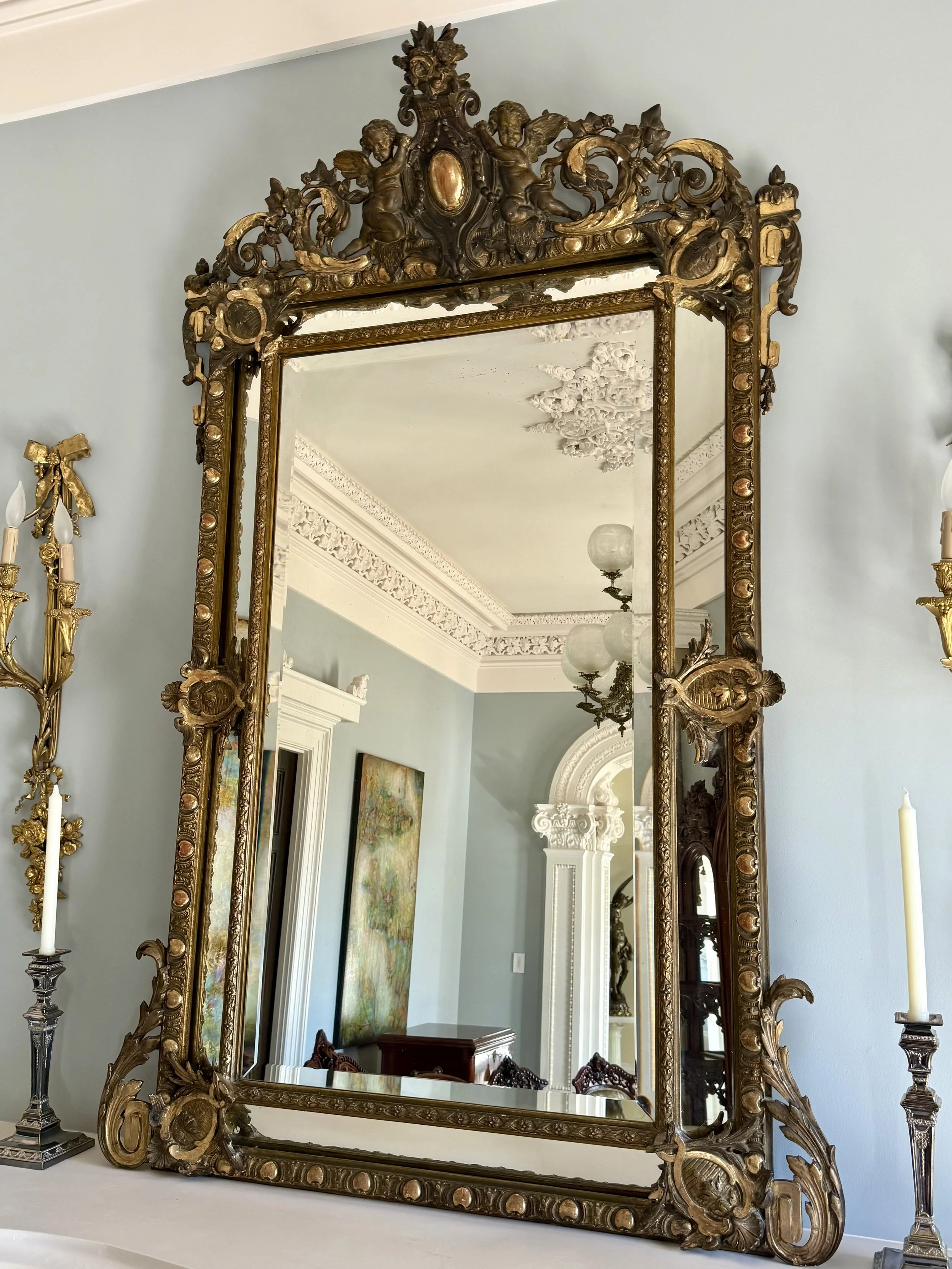 18th-century Gilded Cherub Mirror, circa 1780, with Double Lining