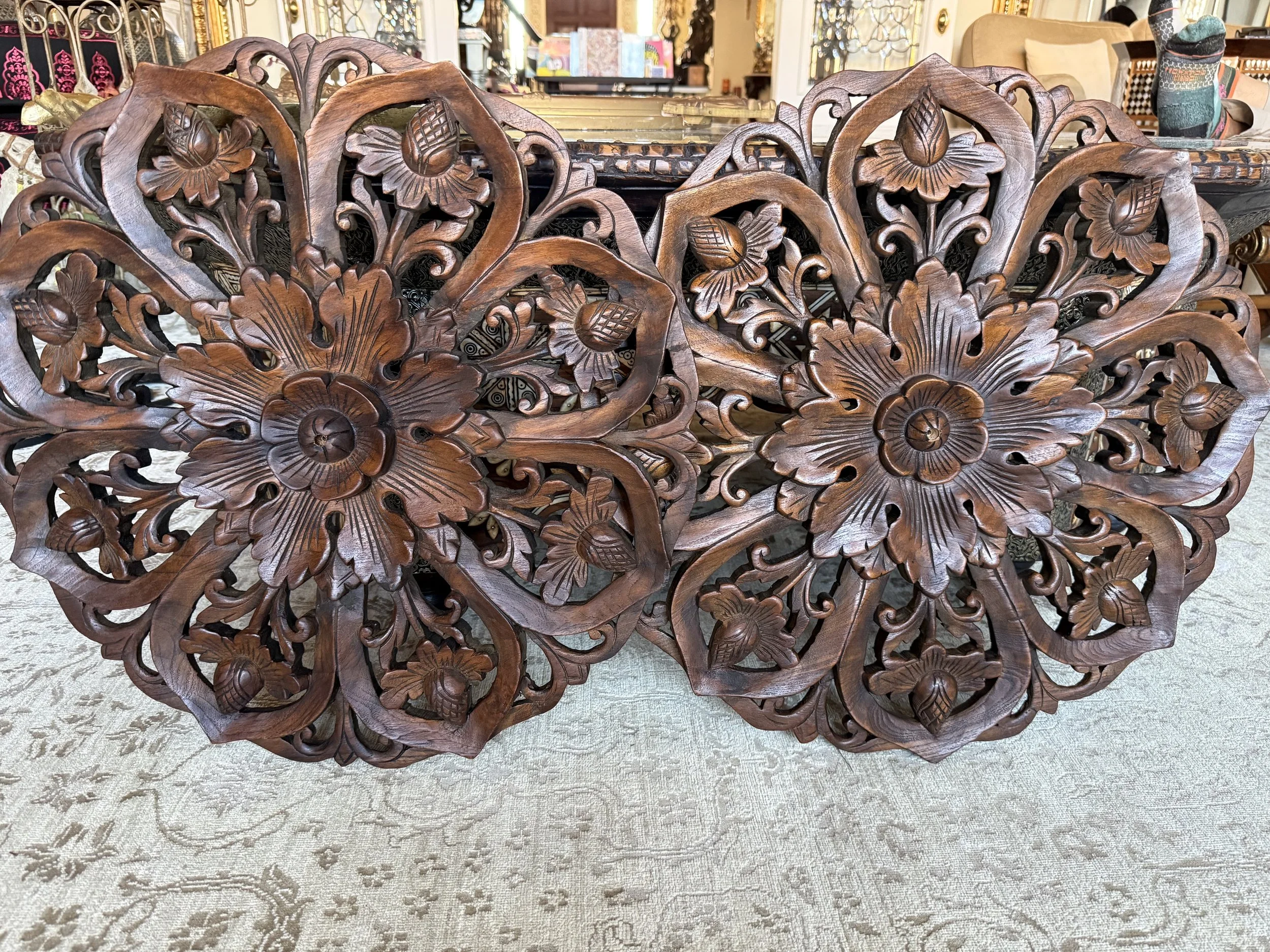 Pair of Round Carved Wood Lotus Teak Wood Wall Hanging
