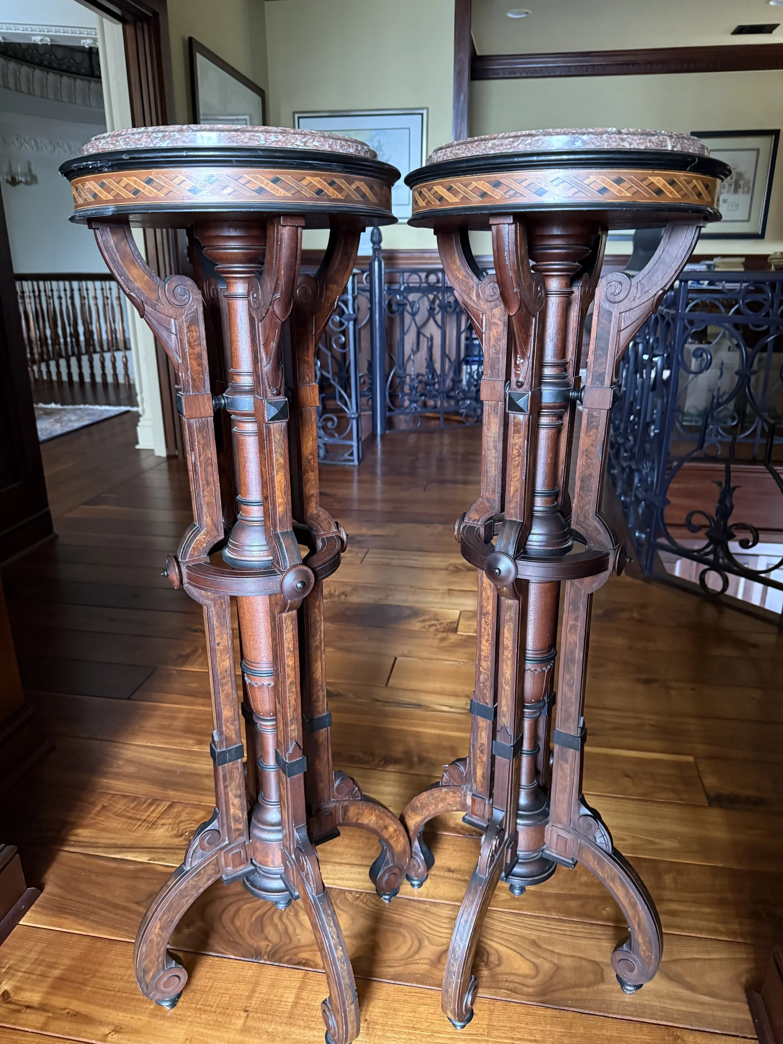 Pair of American Néo-Grec Inlaid, Ebonized, and Burl Walnut Torchère Pedestals