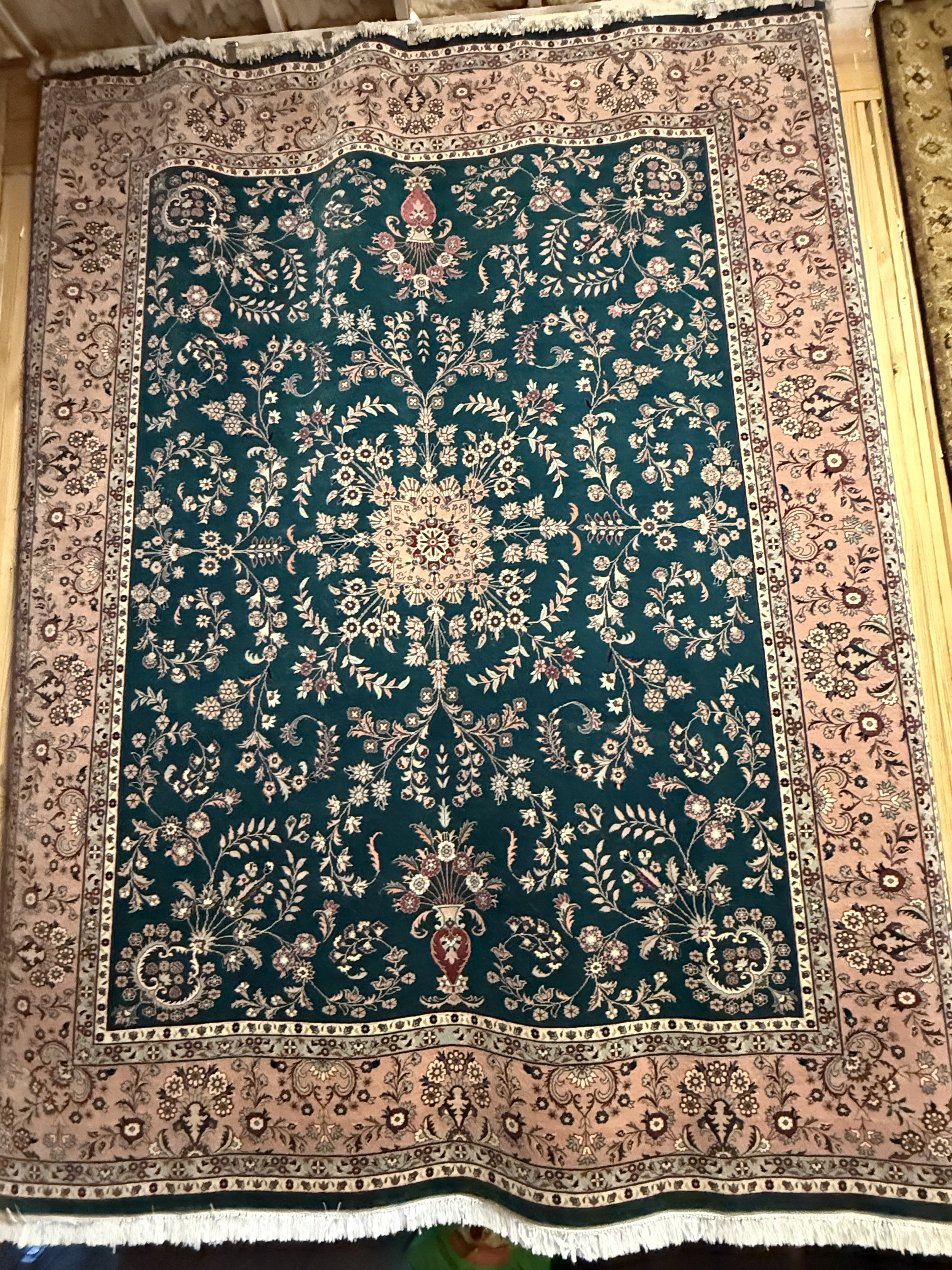 8' x 10' Herat Sino-Persian Hand Knotted Sarouk Green/Peach Wool & Silk Rug