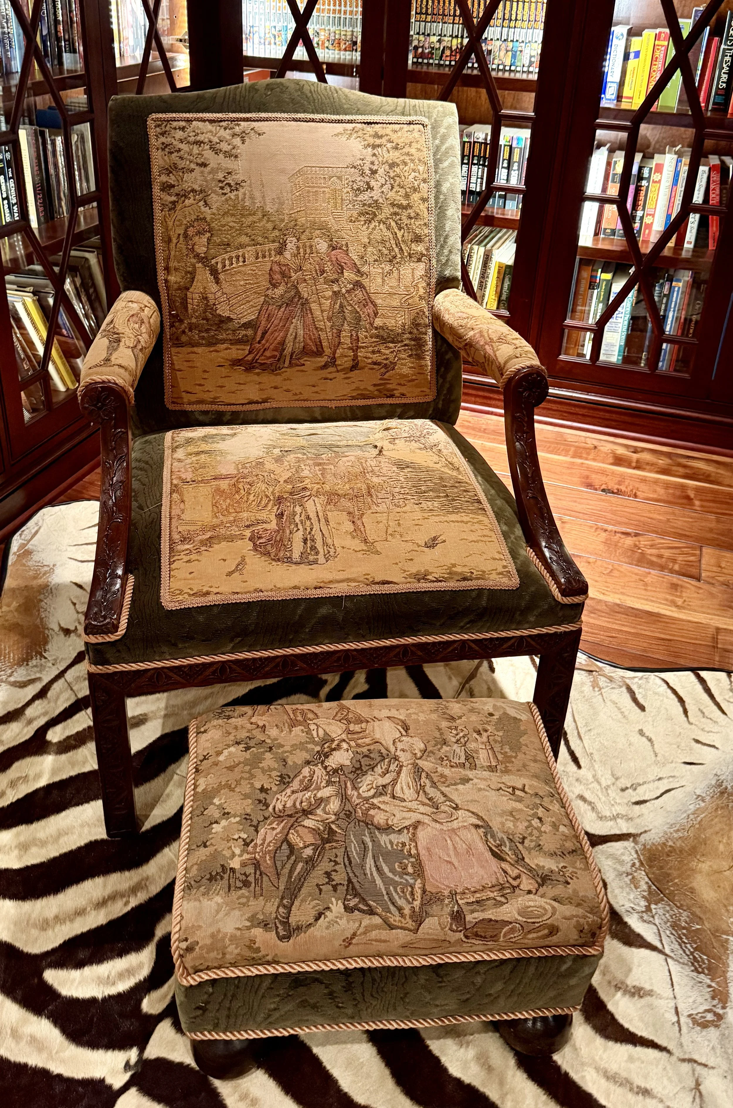 A George III-Style Carved Mahogany Tapestry Upholstered Armchair