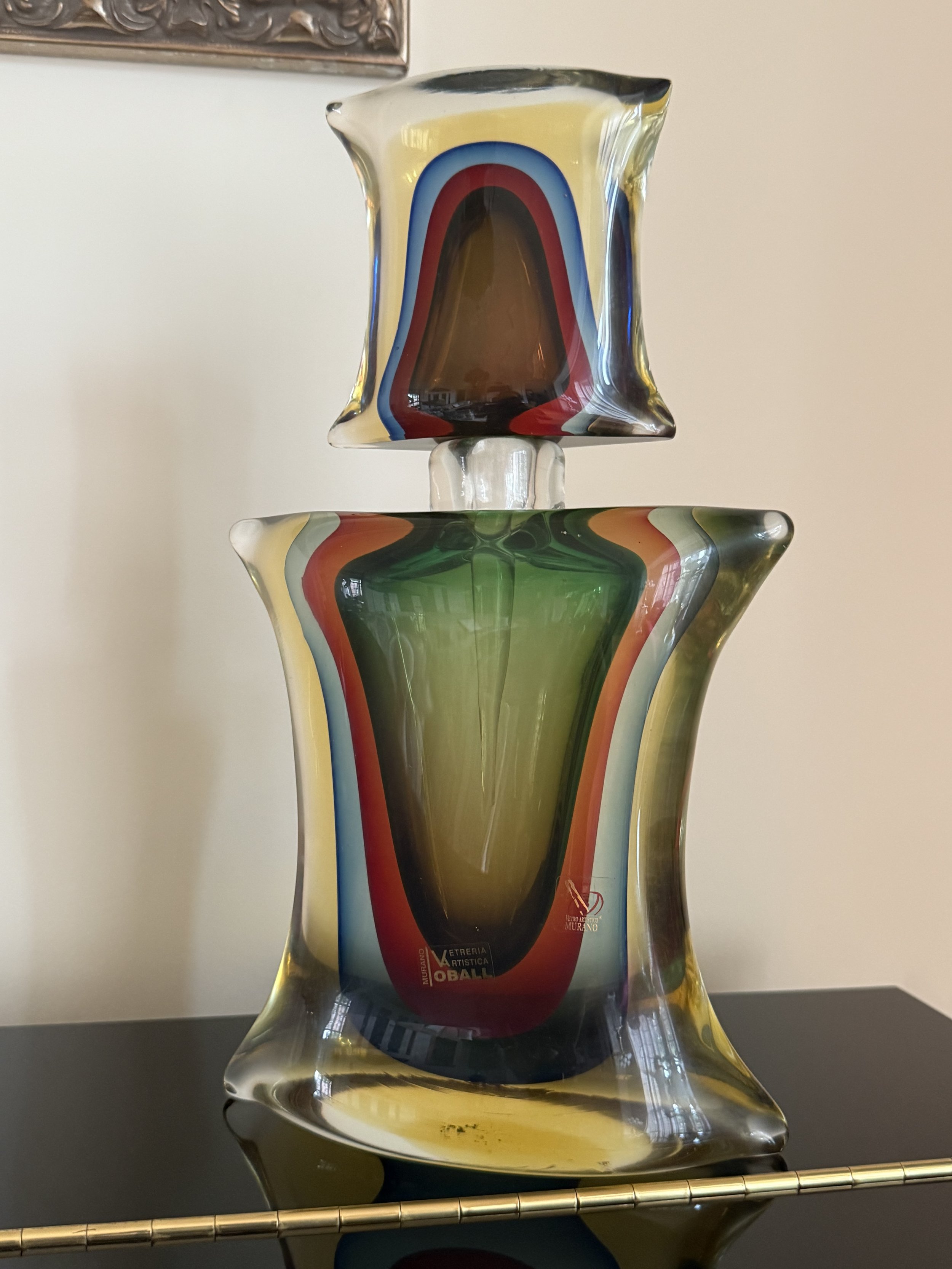 Murano blown glass bottle, handmade with Sommersa work