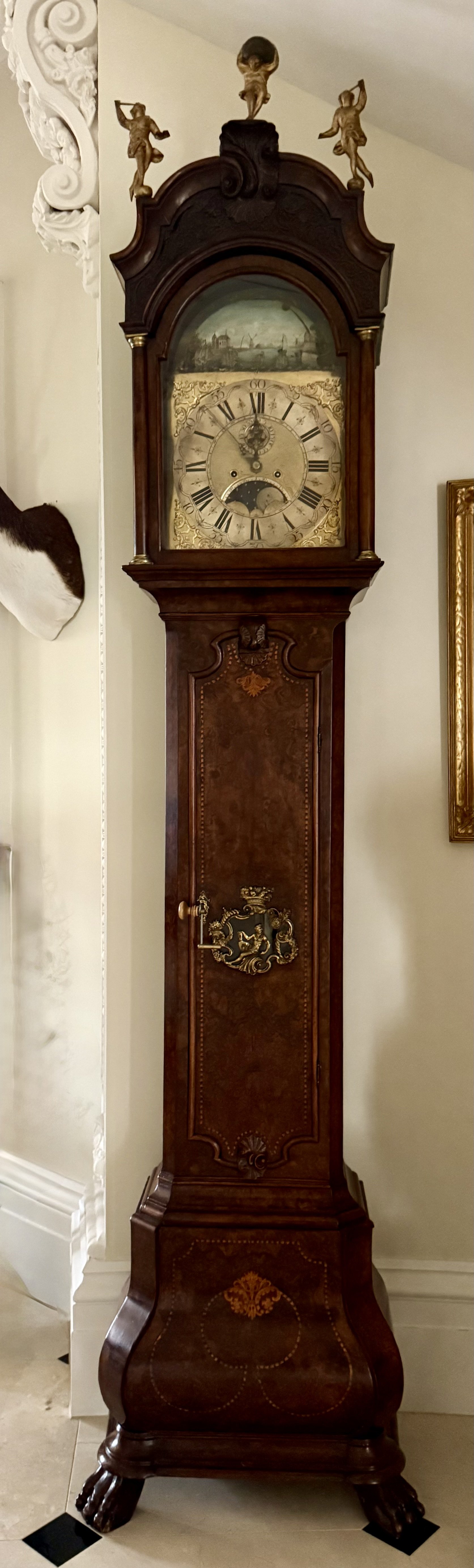 Antique Dutch Tall Burl Walnut Clock, Thomas Thomson, Amsterdam c 1770-1780